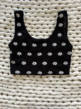 Garage Black Cropped Tank Top with White Floral Dots